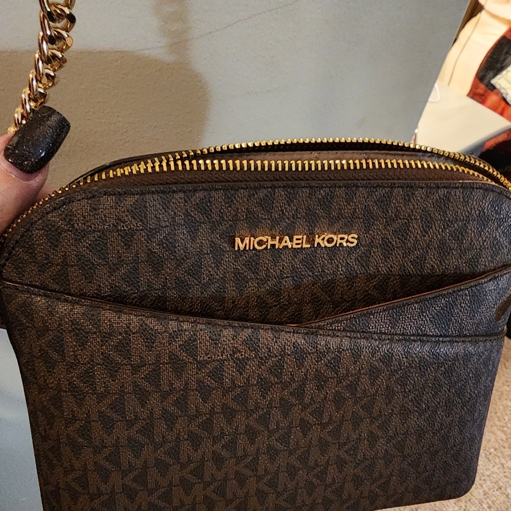 Michael Kors | Brown Chain-Accent Dome Leather Crossbody Bag